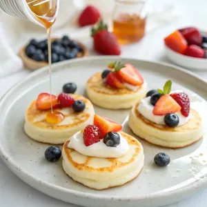 Mini pancake bites stacked on a plate with banana slices and berries