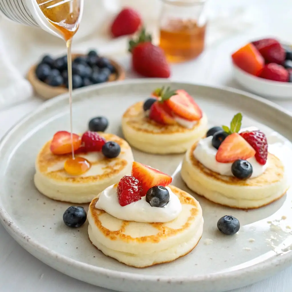 Greek Yogurt Pancake Bites for Toddlers – Easy and Healthy - Easy Quick Recipe - Easy Quick Recipe Mini pancake bites stacked on a plate with banana slices and berries