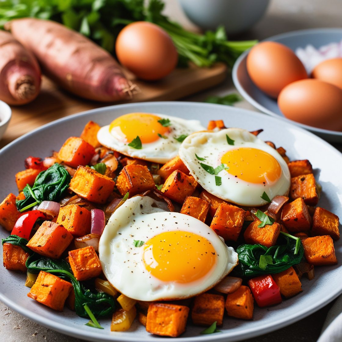 Quick Breakfast Recipes Sweet Potato Hash with Eggs