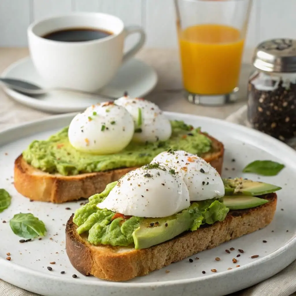 Avocado toast with a poached egg, sprinkled with chili flakes and fresh herbs, served on a wooden plate.