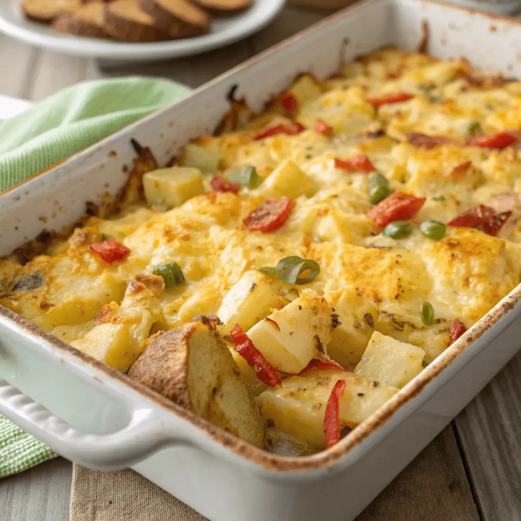 "A golden-brown Cheesy Potato and Egg Casserole, topped with melted cheese and baked to perfection, served in a white casserole dish for a comforting breakfast."