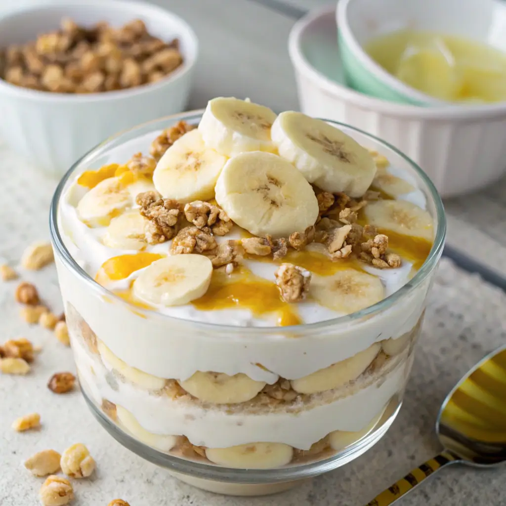 "A layered parfait of creamy Greek yogurt, fresh banana slices, crunchy nuts, and honey served in a clear glass, perfect for a healthy breakfast or snack."