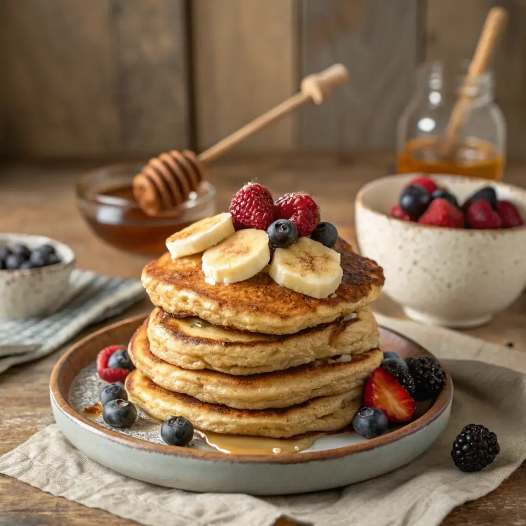 Stack of Easy Banana Oatmeal Pancakes topped with fresh berries and syrup.