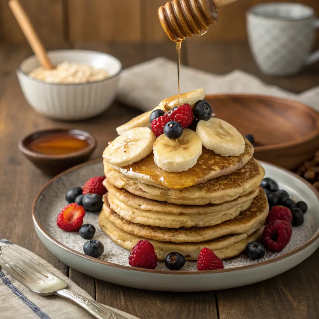 Stack of Easy Banana Oatmeal Pancakes topped with fresh berries and syrup.