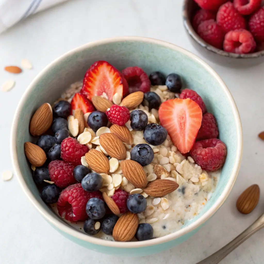 "A jar of creamy overnight oats topped with fresh mixed berries, sliced almonds, and a drizzle of honey, served as a healthy and convenient breakfast."