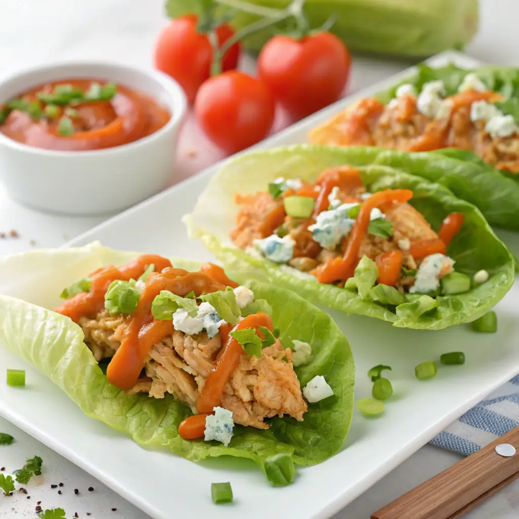 Easy Buffalo Chicken Lettuce Wraps with spicy chicken, crisp lettuce, and a drizzle of ranch.