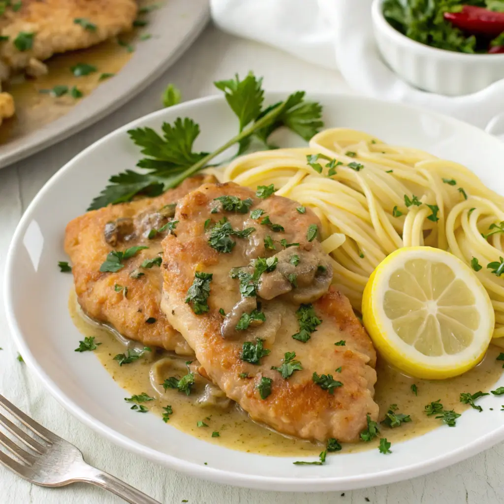 Close-up of Easy Chicken Piccata, showing the golden-brown chicken breast topped with a tangy lemon sauce and capers.