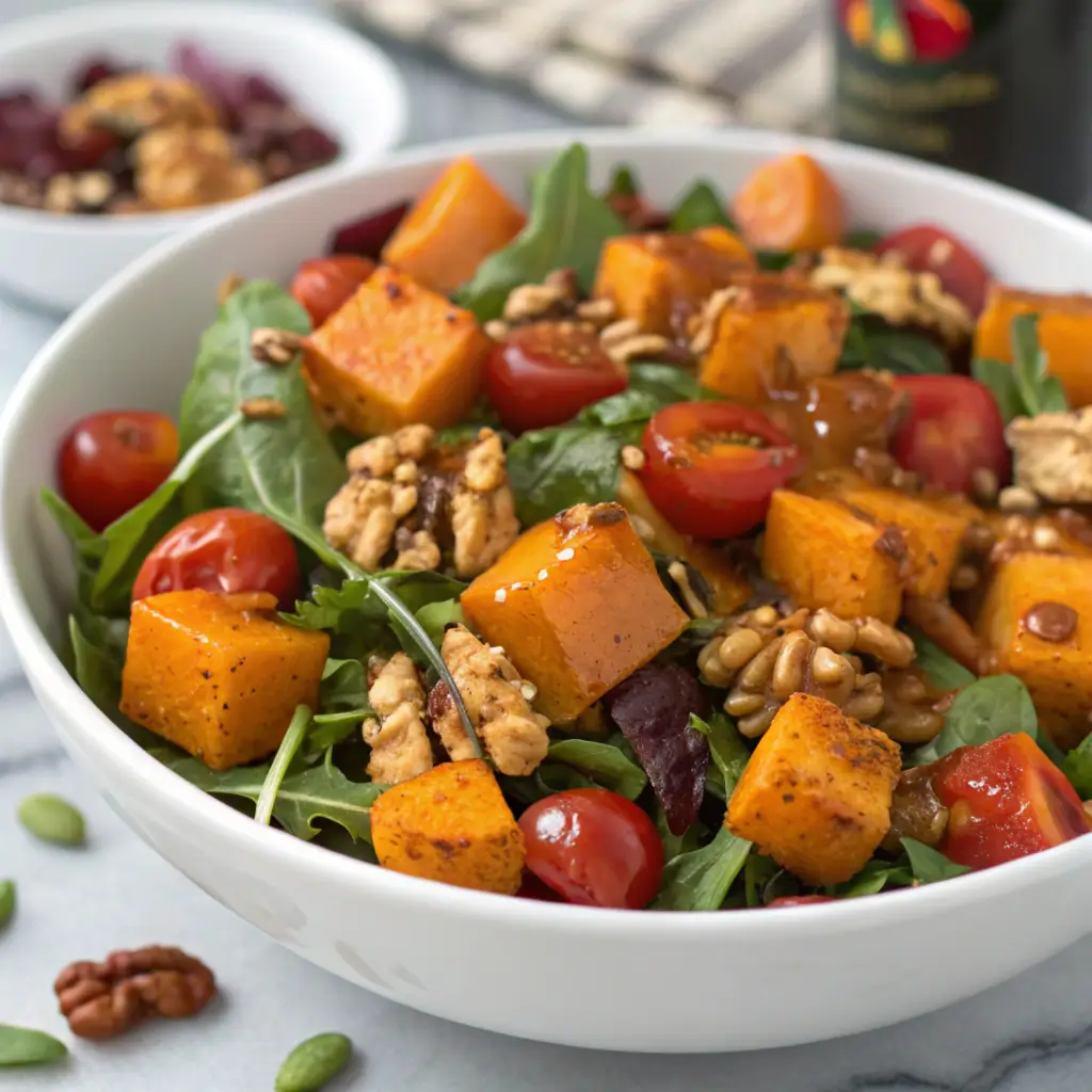 Easy Roasted Butternut Squash Salad with fresh greens, roasted squash, and a tangy vinaigrette