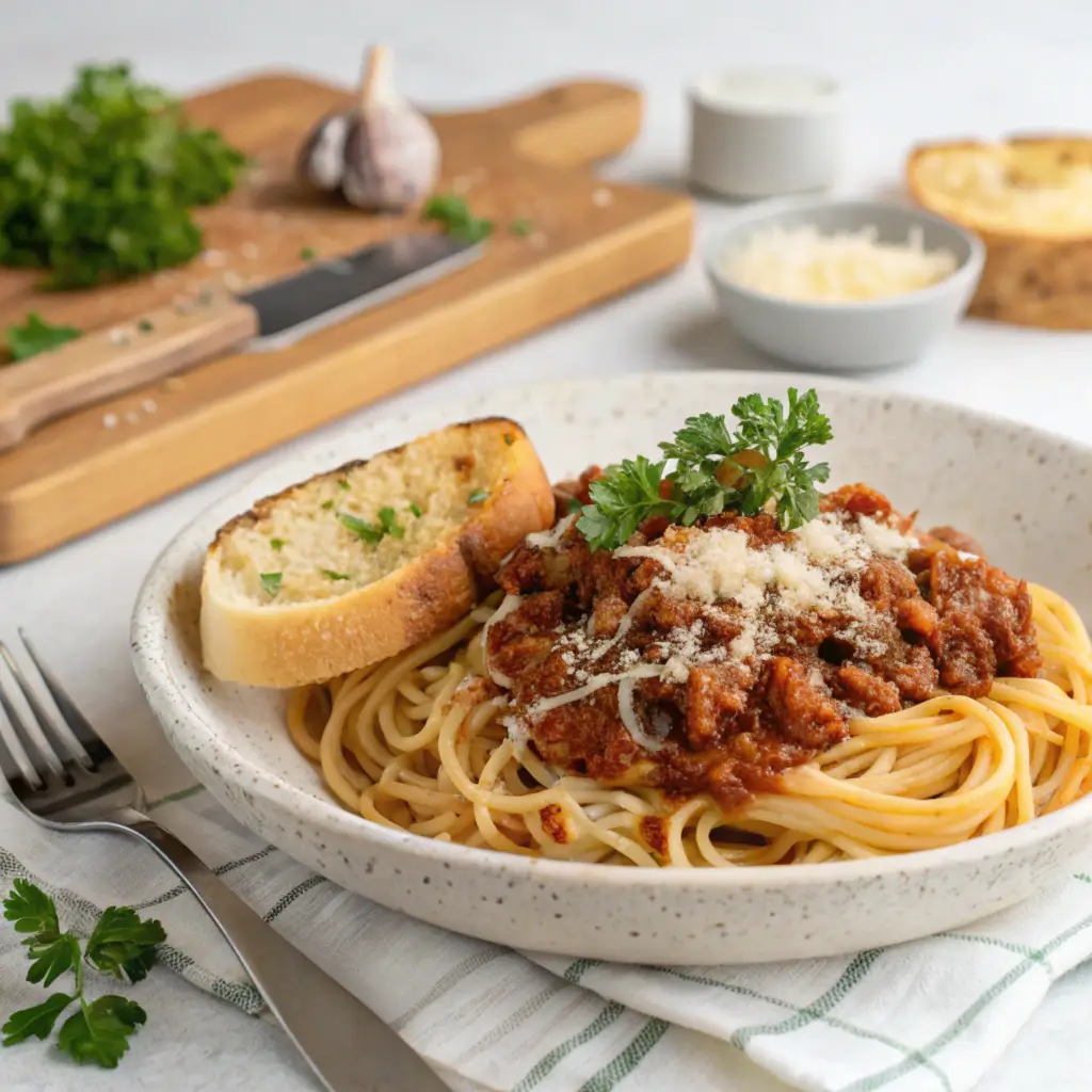 Plate of Easy Spaghetti Bolognese with a rich meat sauce, topped with fresh parsley and parmesan cheese.