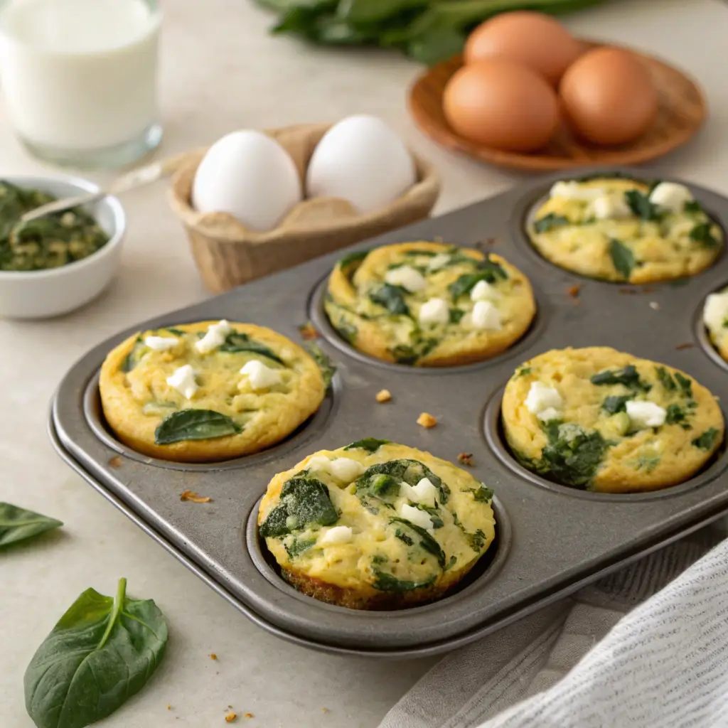 "A batch of golden-brown Spinach and Feta Egg Muffins baked in a muffin tin, garnished with fresh spinach and served as a healthy, low-carb breakfast.2