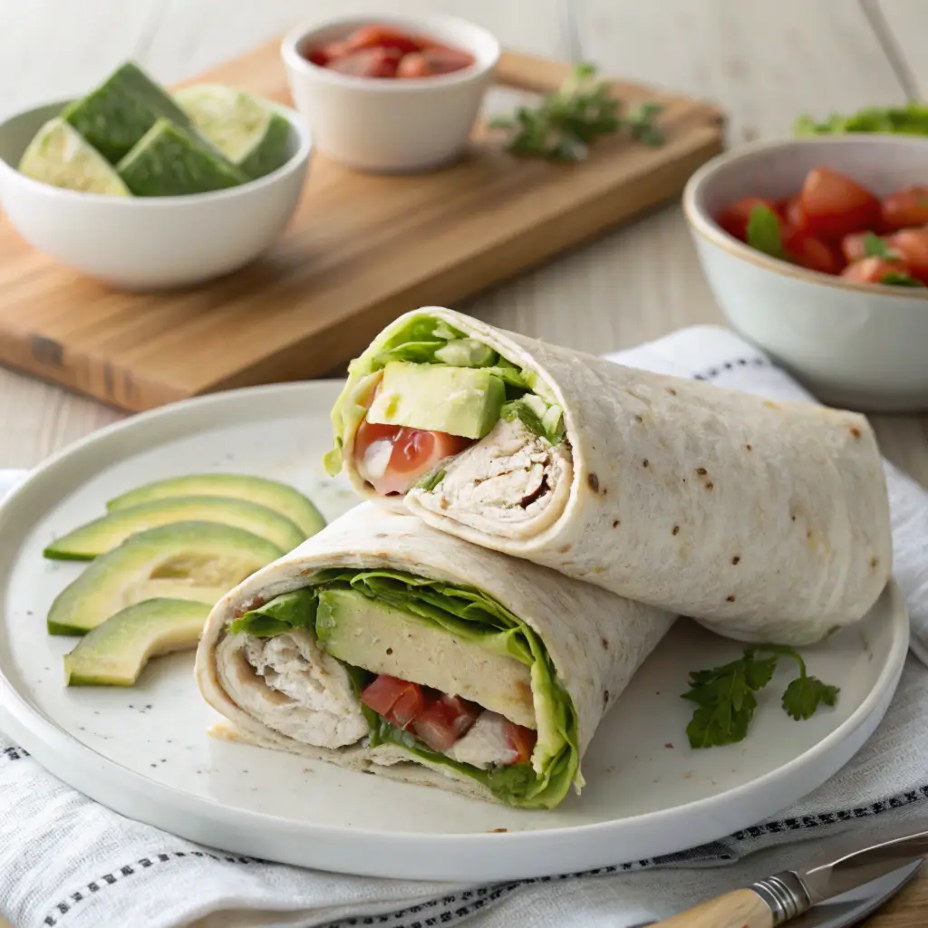 Easy Turkey and Avocado Wrap with sliced turkey, creamy avocado, and fresh veggies in a soft tortilla