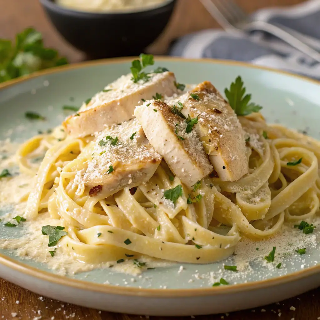 "Creamy Chicken Alfredo with tender chicken strips and fettuccine, coated in a rich Parmesan sauce, garnished with fresh parsley."