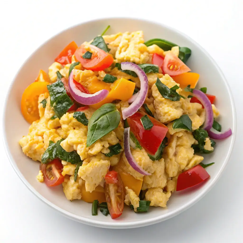 "A plate of fluffy scrambled eggs mixed with vibrant sautéed vegetables like spinach, bell peppers, and cherry tomatoes, served warm as a healthy breakfast option."