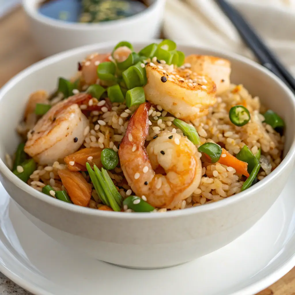 Shrimp fried rice with vegetables in a bowl