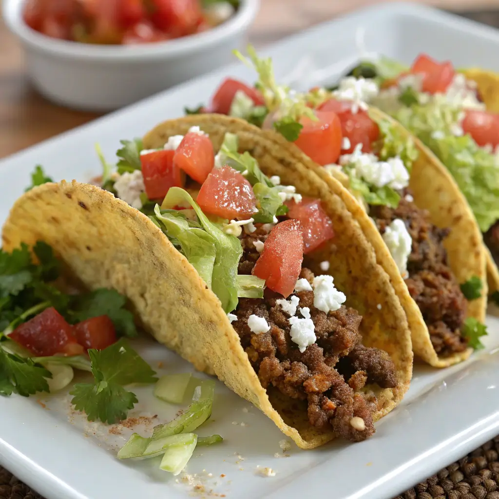 "Beef Tacos with seasoned ground beef, fresh toppings, and warm tortillas, ready to serve."