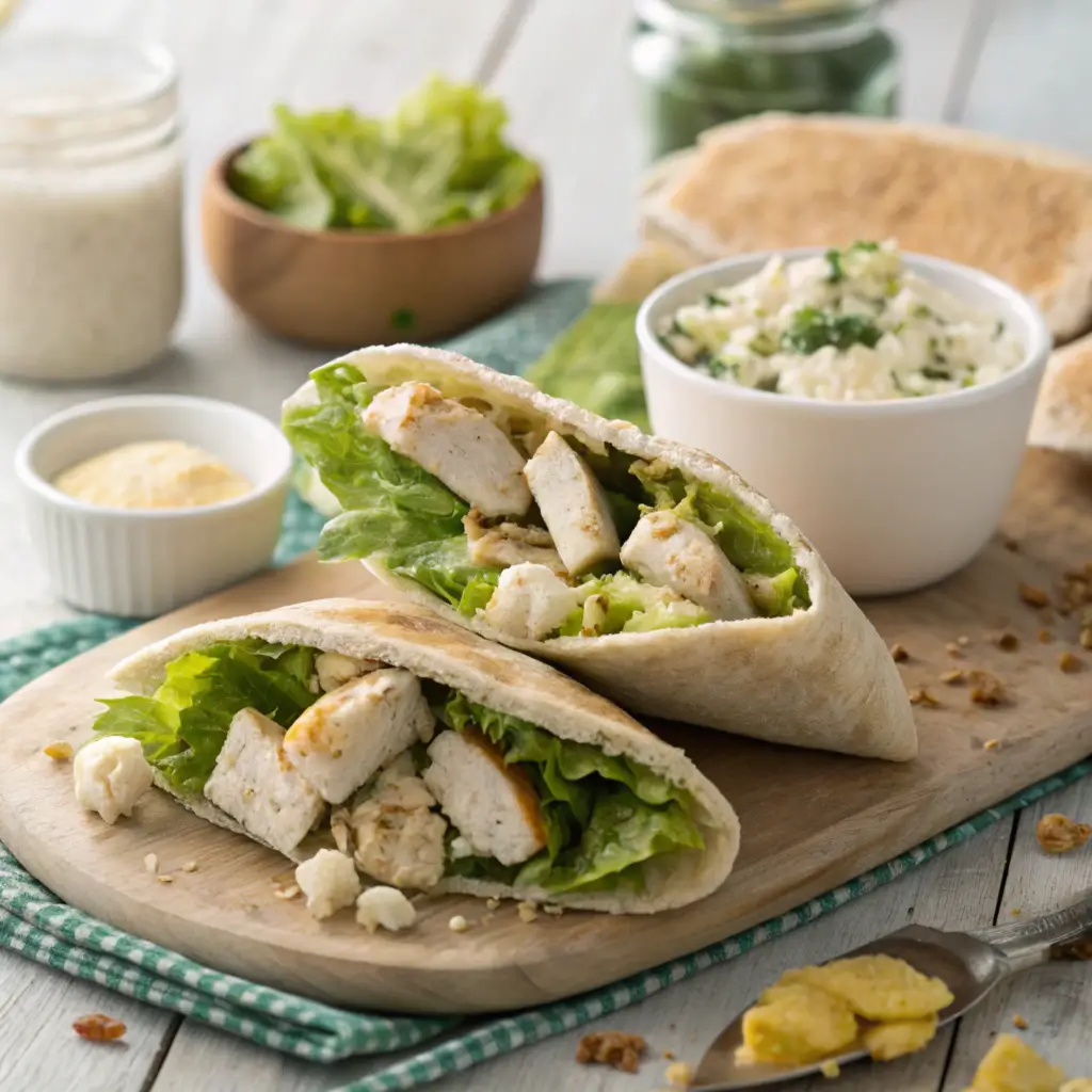 Easy Chicken Caesar Pita Pockets with grilled chicken, crisp romaine, and creamy Caesar dressing