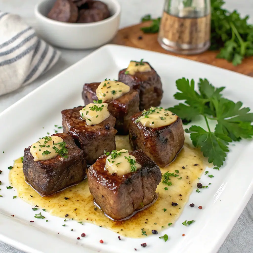 "Garlic Butter Steak Bites with tender sirloin cubes, coated in a rich garlic butter sauce, garnished with fresh parsley."