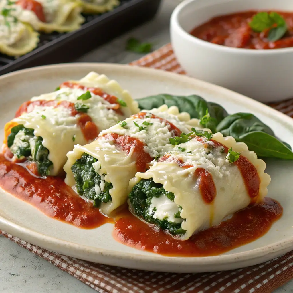 "Lasagna Rolls with ricotta and spinach filling, topped with marinara sauce and melted mozzarella cheese, garnished with fresh basil."