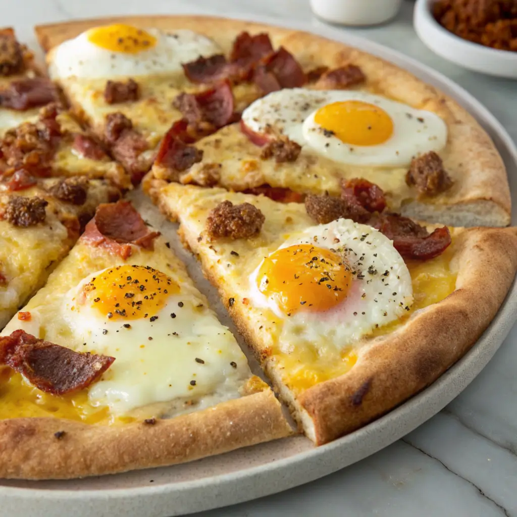 Breakfast Pizza with eggs, cheese, sausage, and bacon on a crispy crust, served on a rustic wooden table, perfect for an easy and exciting breakfast.