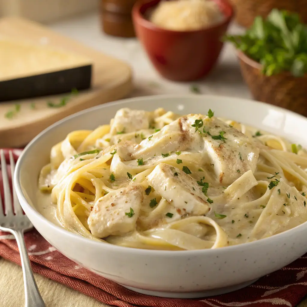 "Creamy Chicken Alfredo Pasta with tender chicken, fettuccine, and a rich Parmesan sauce, garnished with parsley."