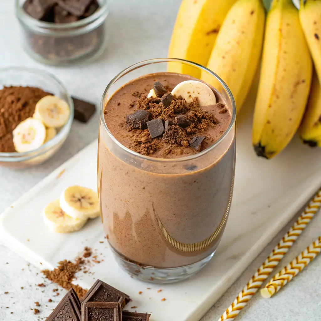 "Chocolate Banana Protein Shake in a glass, garnished with a banana slice and a sprinkle of cocoa powder, served on a bright table."