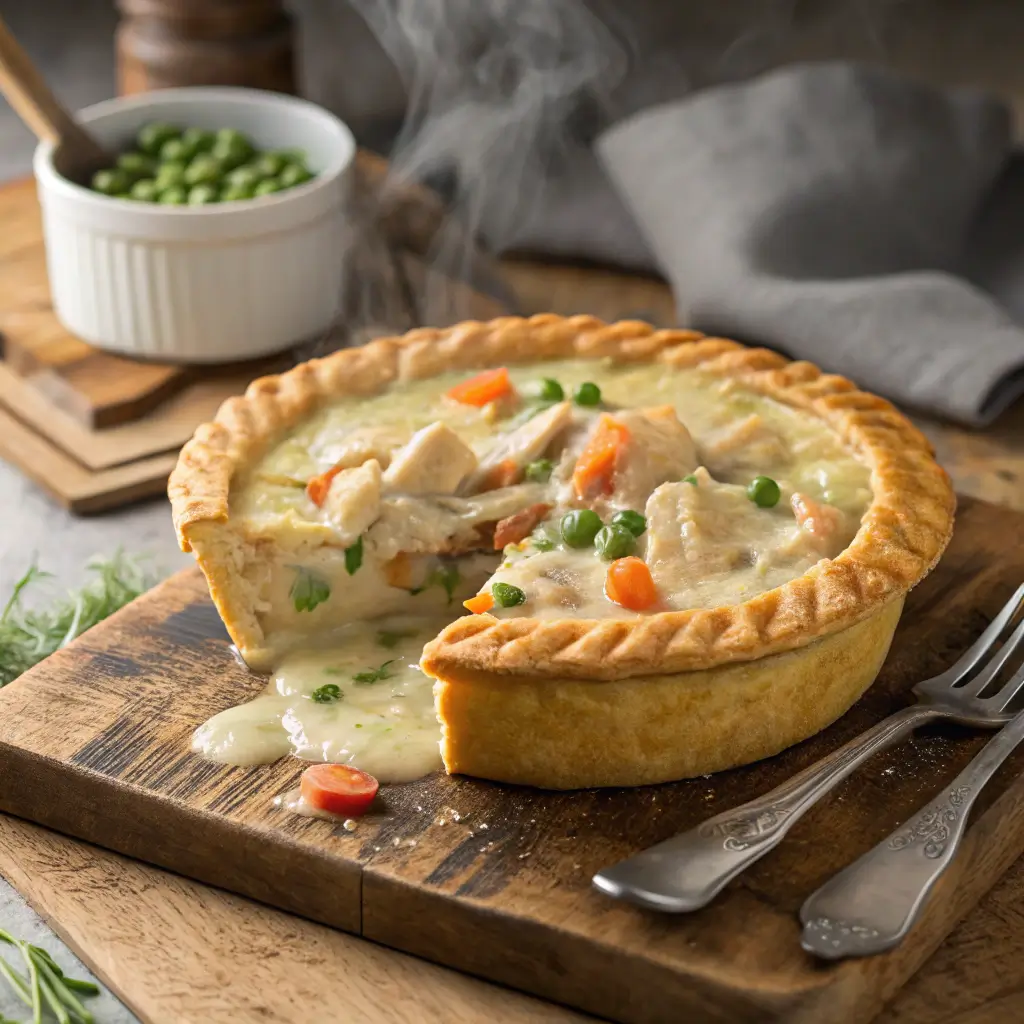 "Easy Quick Chicken Pot Pie with a golden crust, filled with creamy chicken and vegetables."