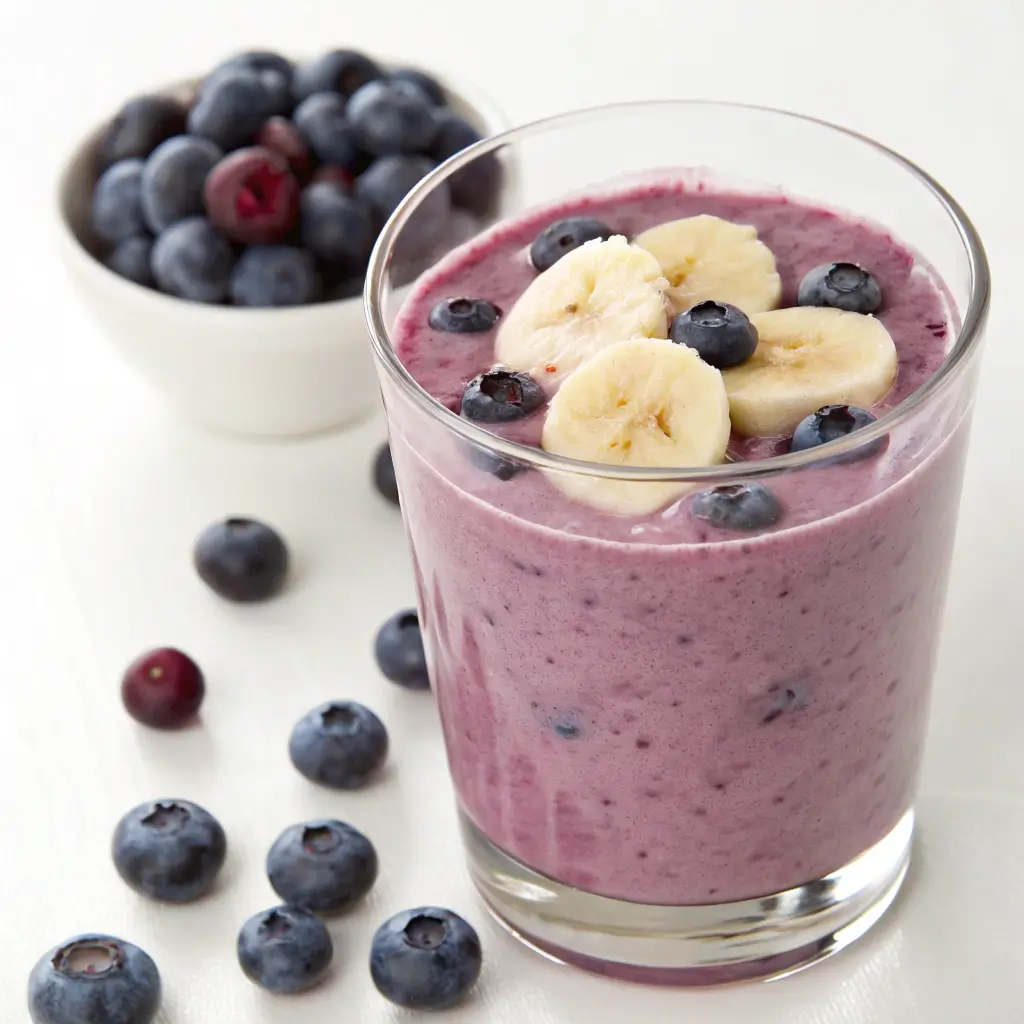 "Healthy Blueberry Banana Smoothie in a glass, topped with fresh blueberries and a banana slice, served with a straw."