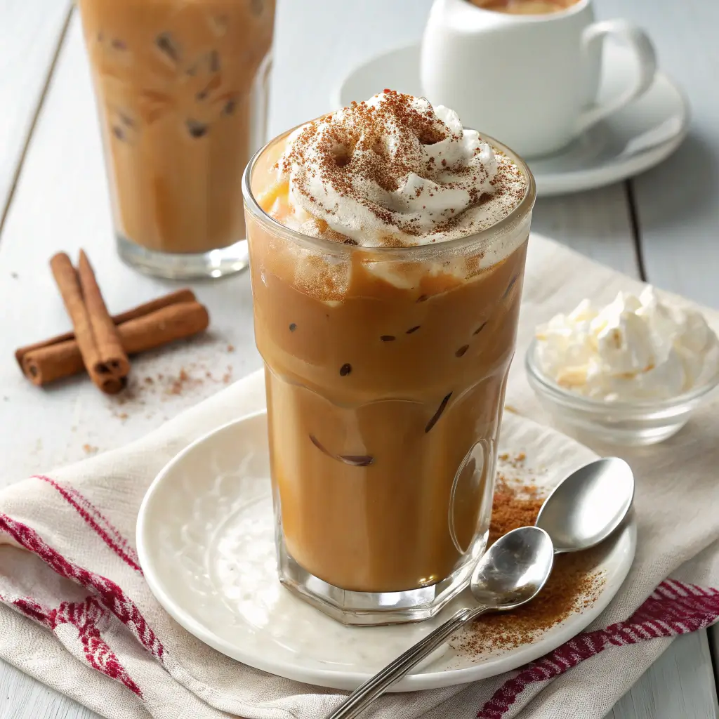 "Iced Chai Latte in a glass with ice, garnished with a sprinkle of cinnamon, served with a straw."