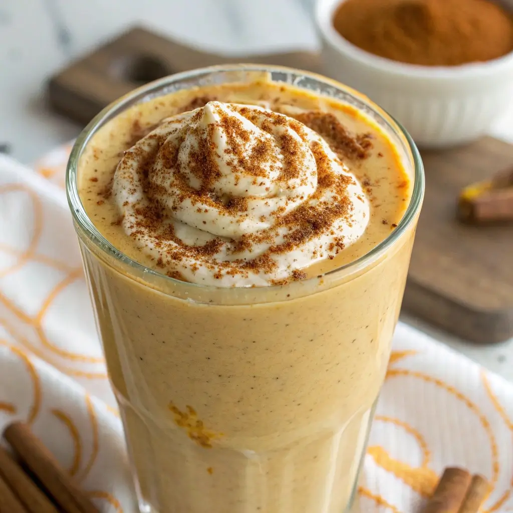 "Pumpkin Spice Smoothie in a glass, garnished with a sprinkle of cinnamon and a cinnamon stick, served in a cozy setting."