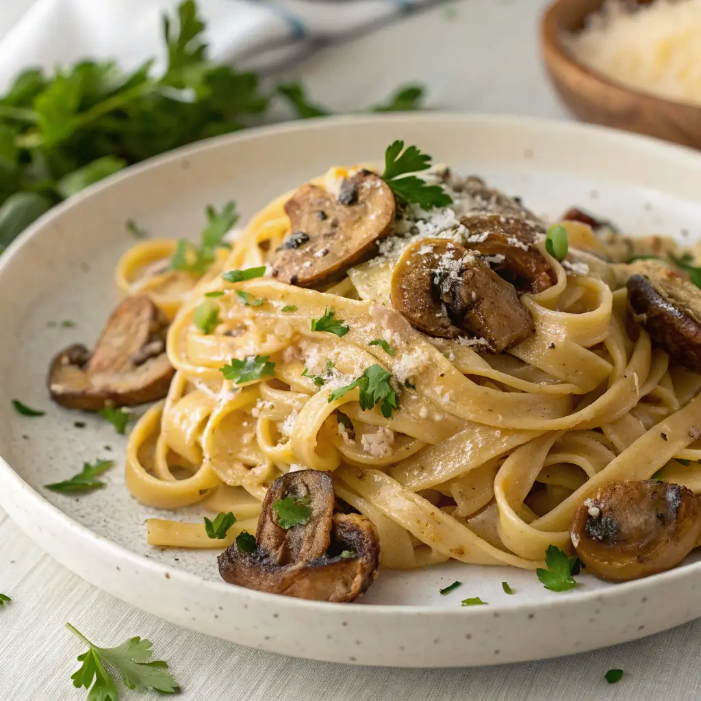 "Garlic Mushroom Pasta with sautéed mushrooms, coated in a creamy garlic sauce, garnished with fresh parsley and Parmesan cheese."