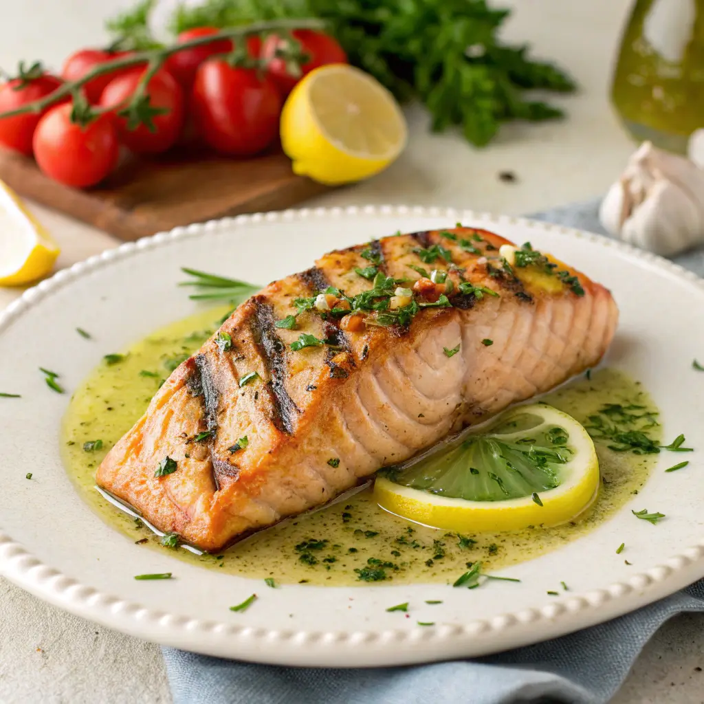 "Grilled Lemon Garlic Salmon, with fresh herbs and lemon slices, served on a plate with a side of vegetables."