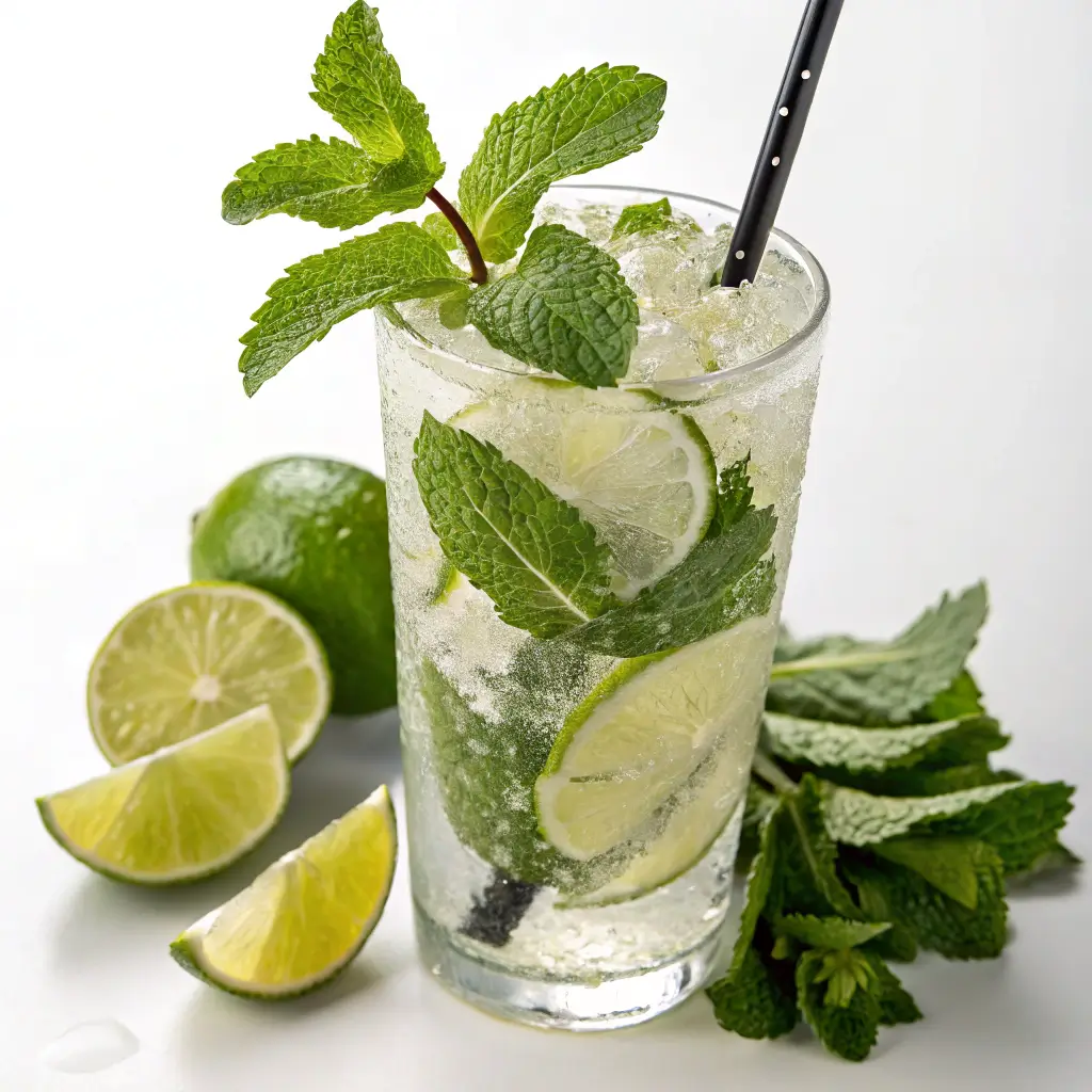 "Watermelon Mint Lemonade in a glass with ice, garnished with lemon slices and mint sprigs, served on a sunny table."