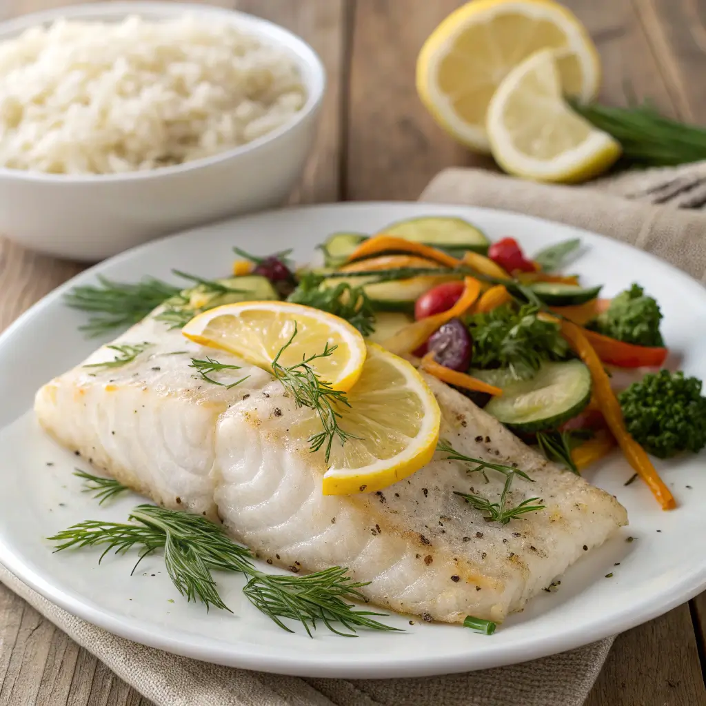 "Lemon Dill Baked Cod with tender cod fillets, garnished with lemon slices and fresh dill, served with steamed vegetables.3