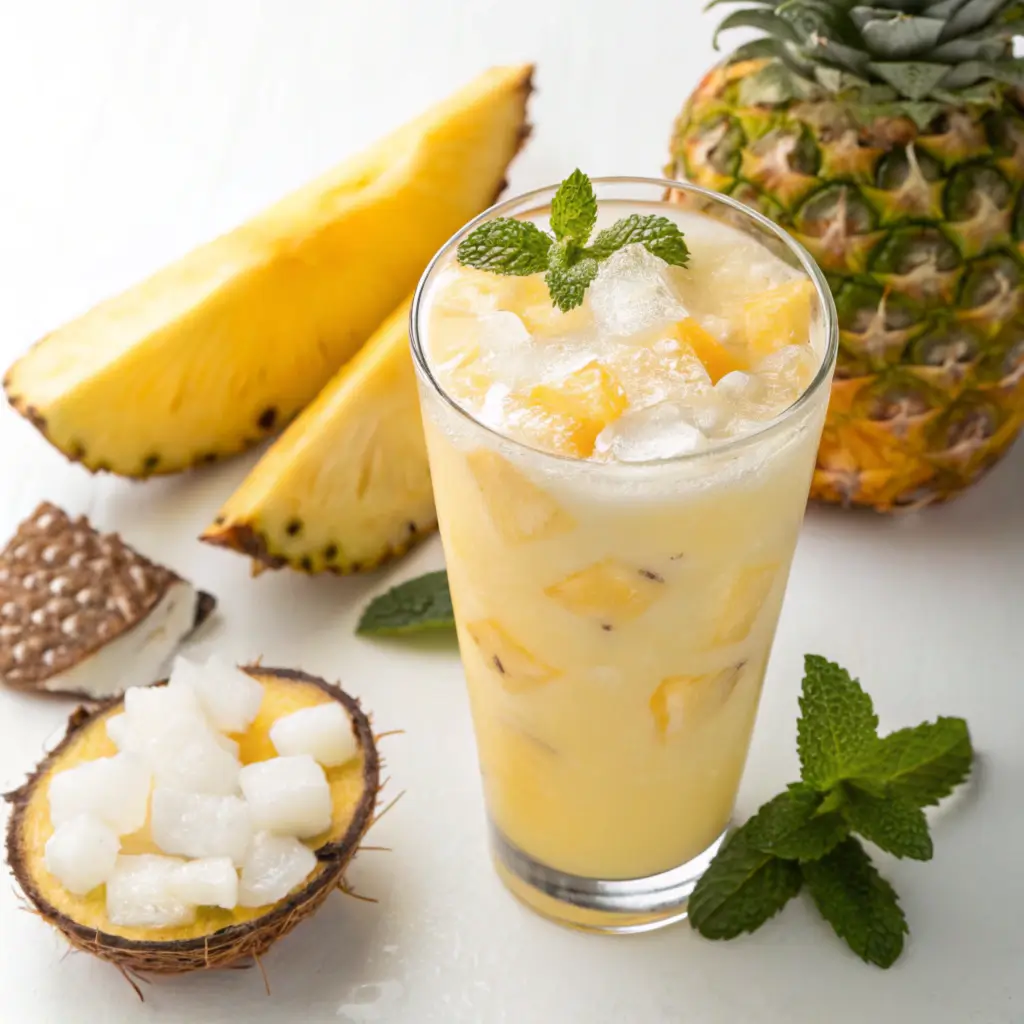 Glass of Easy Pineapple Coconut Drink garnished with fresh pineapple and mint leaves.