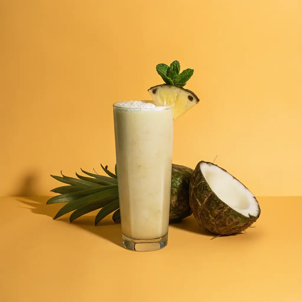 "Pineapple Coconut Drink in a glass with ice, garnished with a pineapple slice and coconut flakes, served in a tropical setting."