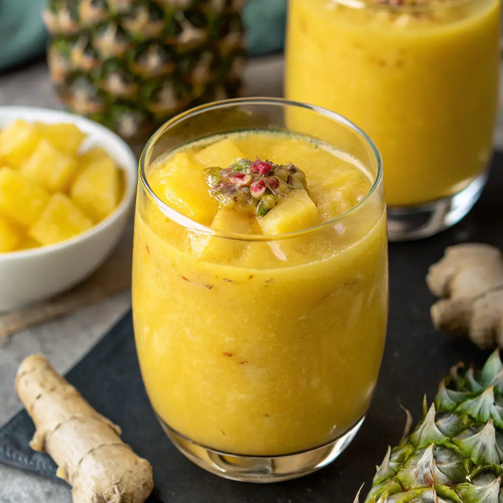 "Pineapple Ginger Smoothie in a glass, garnished with a pineapple slice and a sprig of mint, served on a sunny table."