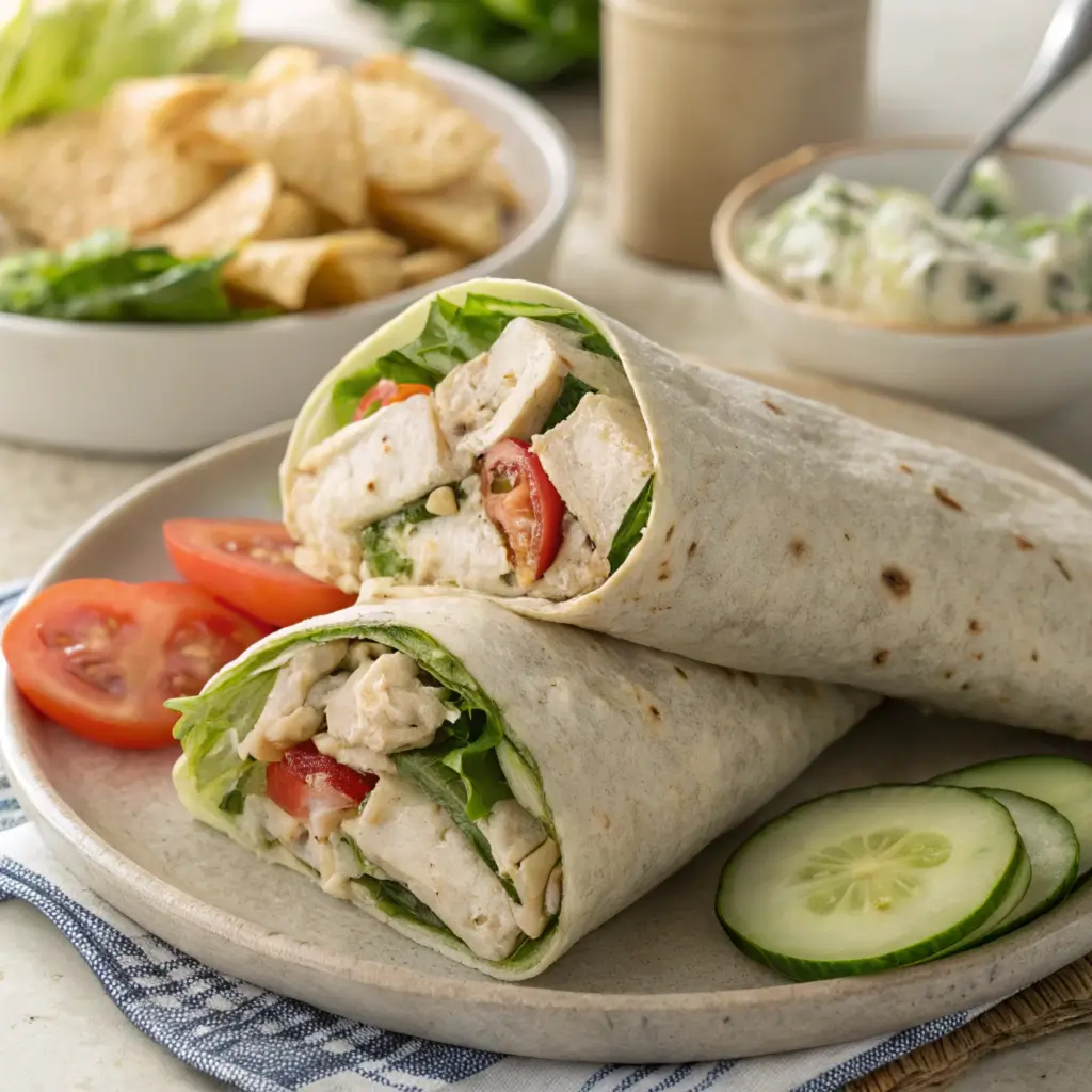 Quick Chicken Salad Wrap with fresh vegetables in a tortilla