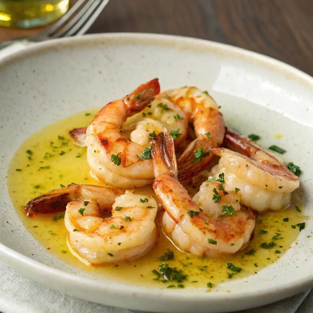 "Quick Garlic Butter Shrimp in a rich, savory garlic butter sauce, served in a skillet with fresh parsley garnish."