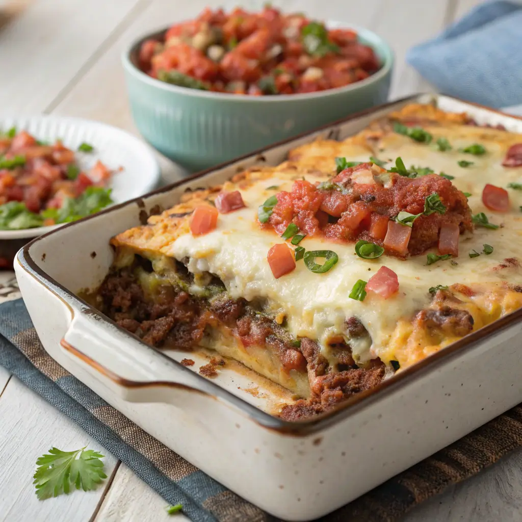 "Quick Taco Casserole with layers of seasoned ground beef, beans, cheese, and tortilla chips, baked to perfection."