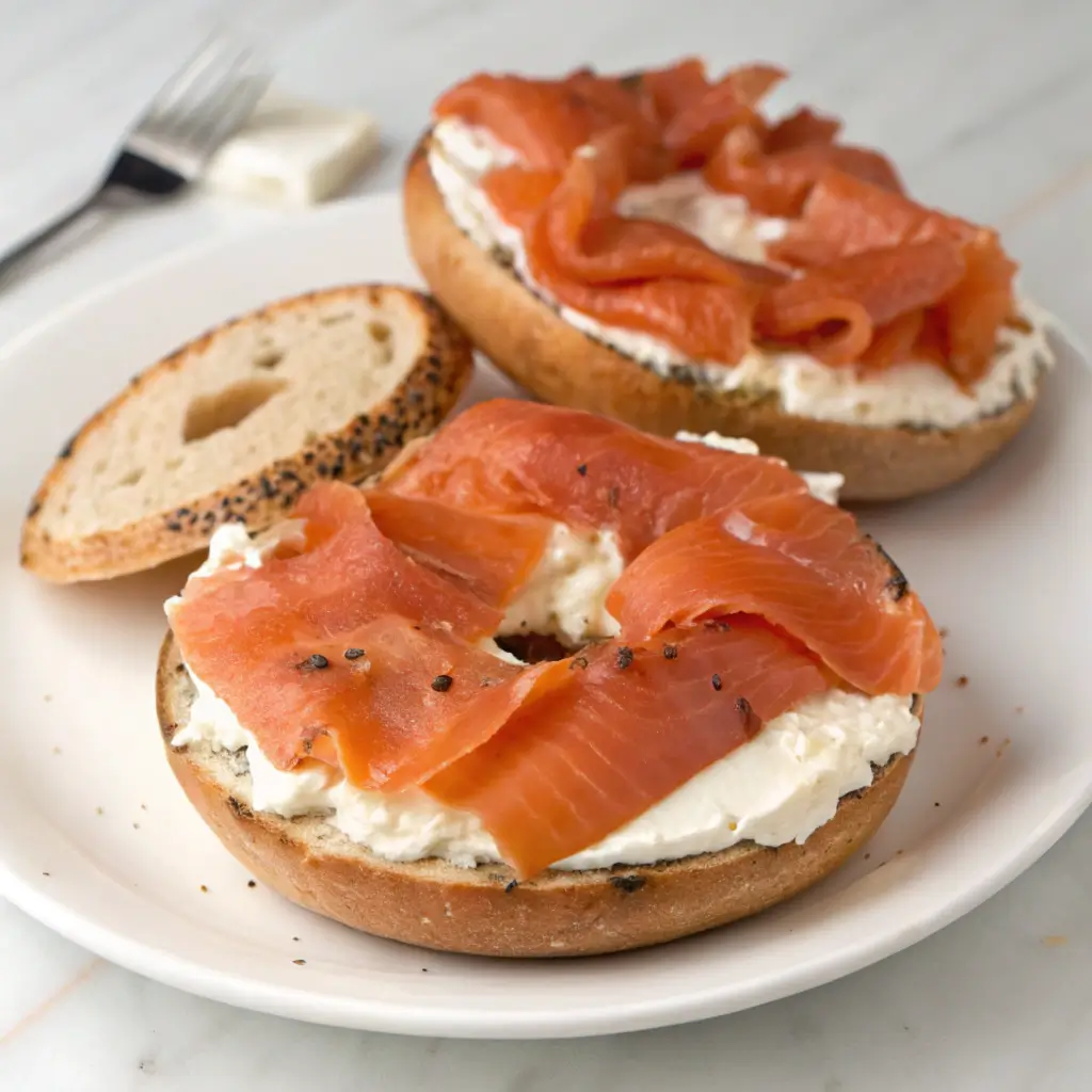 A toasted bagel topped with creamy cream cheese, smoked salmon, capers, thinly sliced red onions, and fresh dill, served on a white plate.