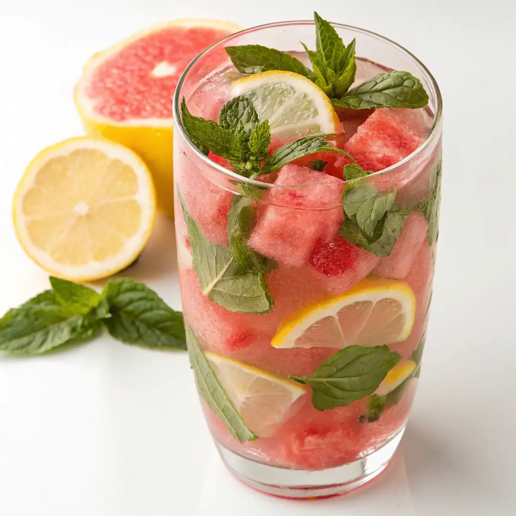 "Watermelon Basil Lemonade in a glass with ice, garnished with a watermelon slice and fresh basil leaves, served on a sunny table."