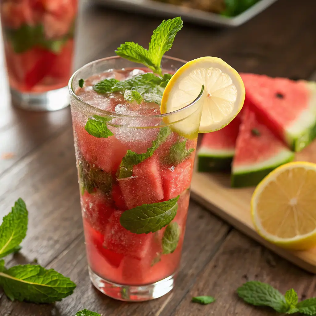 "Watermelon Mint Lemonade in a glass with ice, garnished with lemon slices and mint sprigs, served on a sunny table."