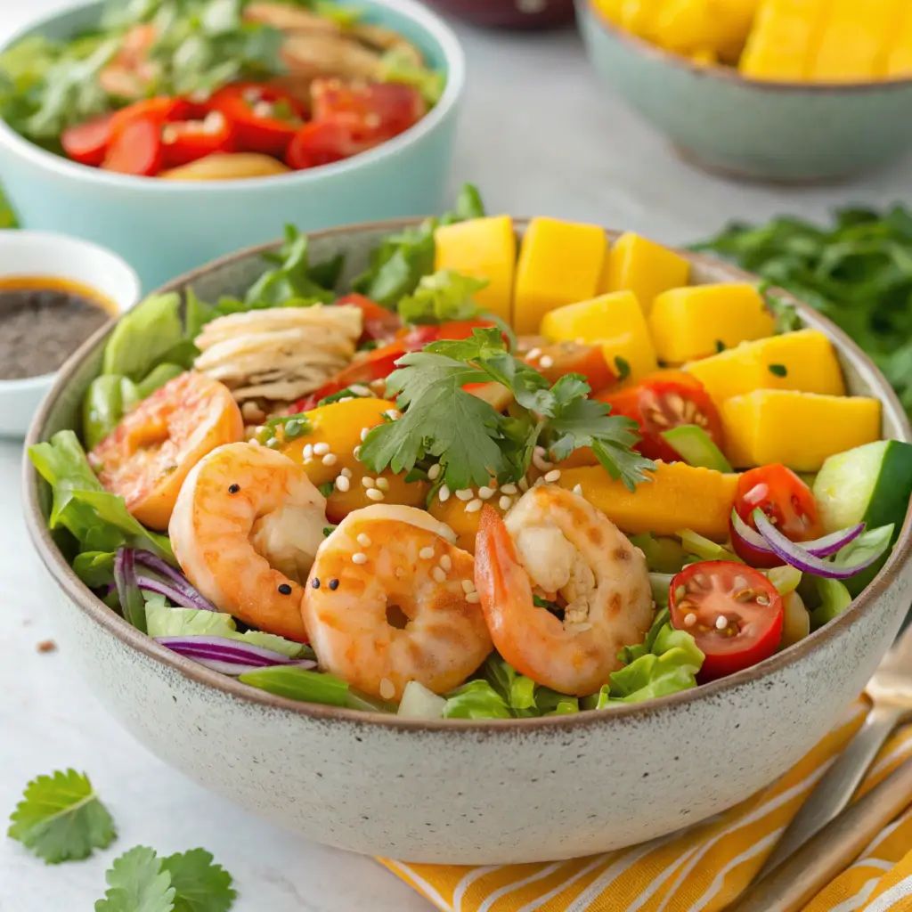 Easy Asian-Inspired Shrimp Mango Salad with juicy shrimp, fresh mango, and crisp veggies.