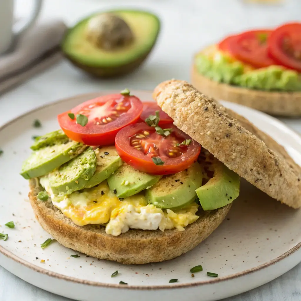 Easy avocado and tomato breakfast sandwich with toasted whole-grain bread, mashed avocado, fresh tomato slices, and optional egg, garnished with chili flakes.