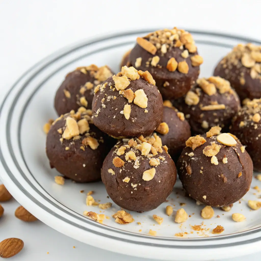 "A plate of chocolate peanut butter energy bites, sprinkled with oats and mini chocolate chips, served as a healthy, no-bake snack."