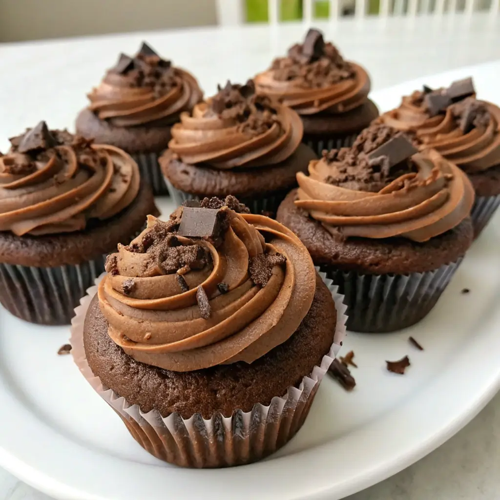 "A batch of moist double chocolate cupcakes topped with rich chocolate frosting and chocolate shavings, served on a rustic tray for a decadent dessert."