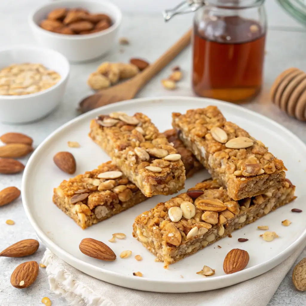 Easy Maple Almond Granola Bars stacked neatly on a wooden surface, showcasing their crispy texture, with a drizzle of maple syrup and sprinkled with whole almonds.