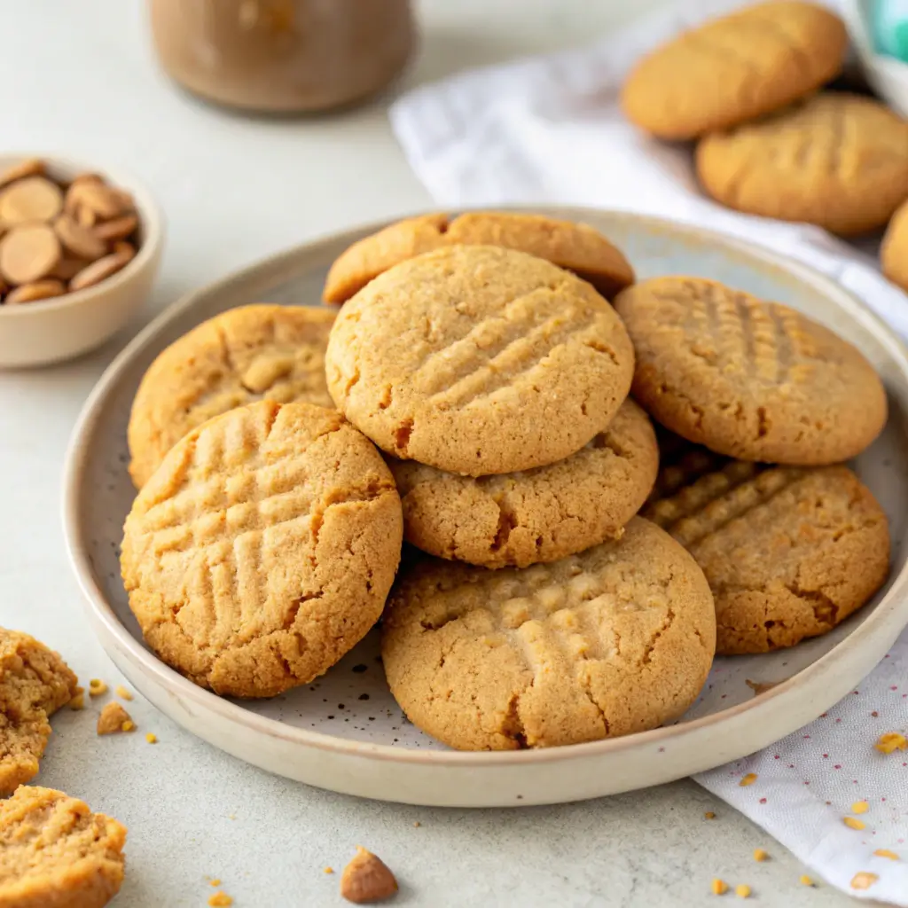 "A batch of freshly baked peanut butter cookies with a crisscross pattern, served warm on a white plate."