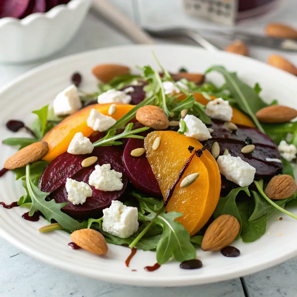 Easy Roasted Beet and Goat Cheese Salad with fresh greens, roasted beets, and creamy goat cheese.