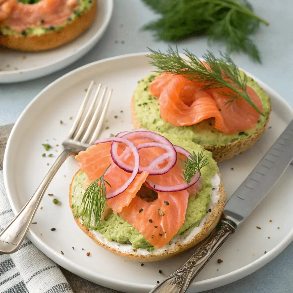 A toasted bagel topped with creamy avocado, smoked salmon, red onion slices, and capers, served on a white plate with fresh dill garnish.